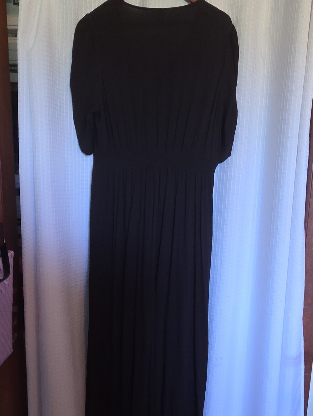 Old Navy Black Dress Puff-Sleeve V-Neck Crepe Midi Hi-Lo Dress Size Large - Picture 5 of 11